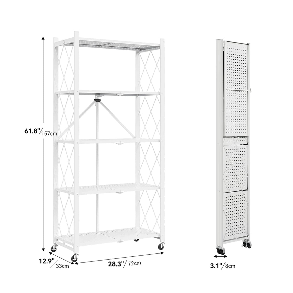 Foldable Storage Shelf with Wheels, No Assembly Metal Rolling Storage Rack, Collapsible Utility Organizer Shelving Unit for Kitchen Bedroom Living Room