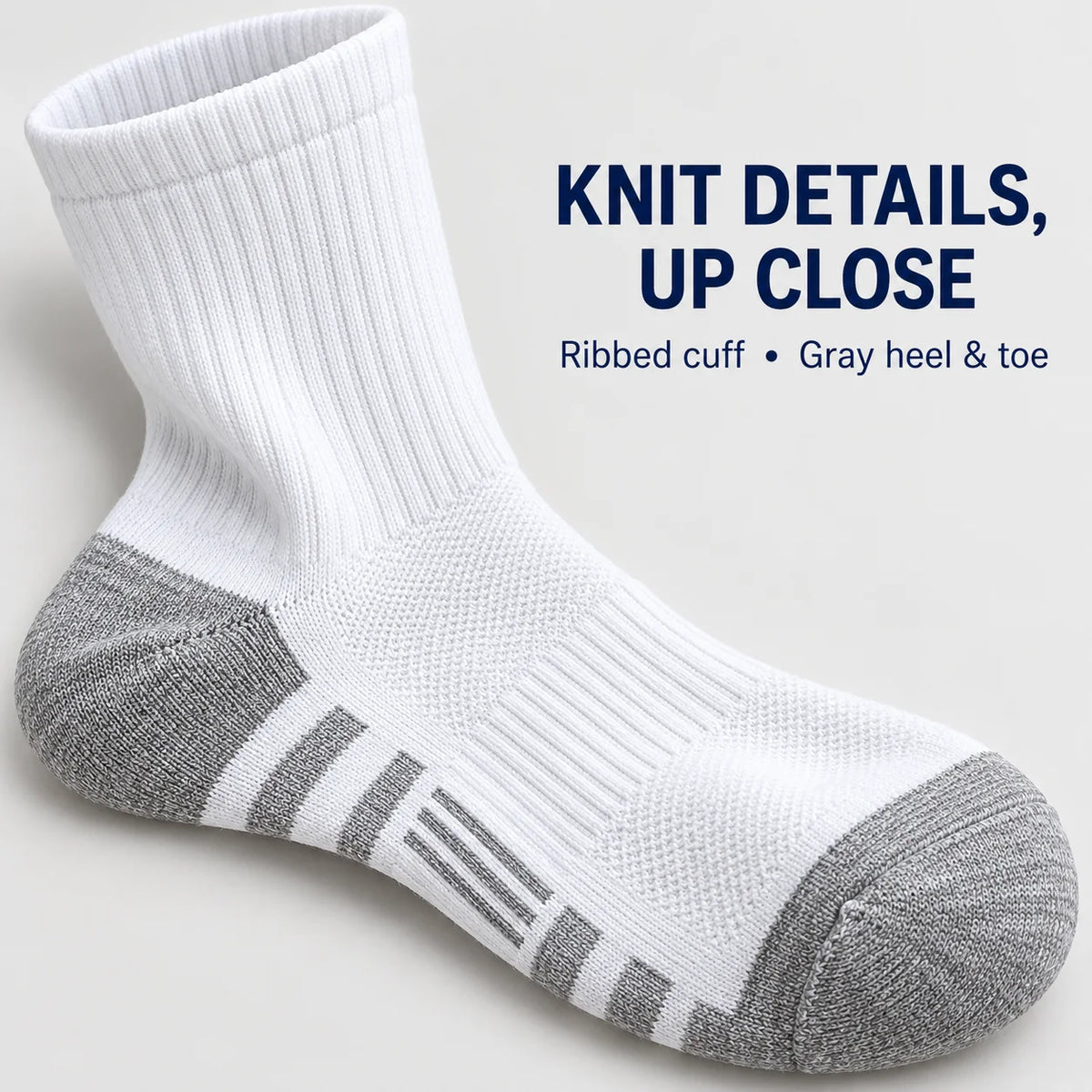 3 Pairs White Crew Socks Polyester-Cotton Single-Needle Knit with Gray Heel and Toe for Men Women Casual Wear Best Choice 2026