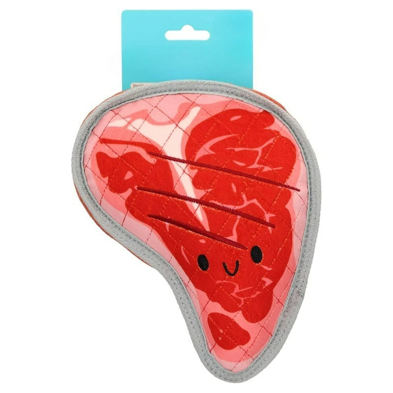 Multicolor Tough Steak Plush Dog Toy with Squeaker and Crinkle Paper, Chew Level 3