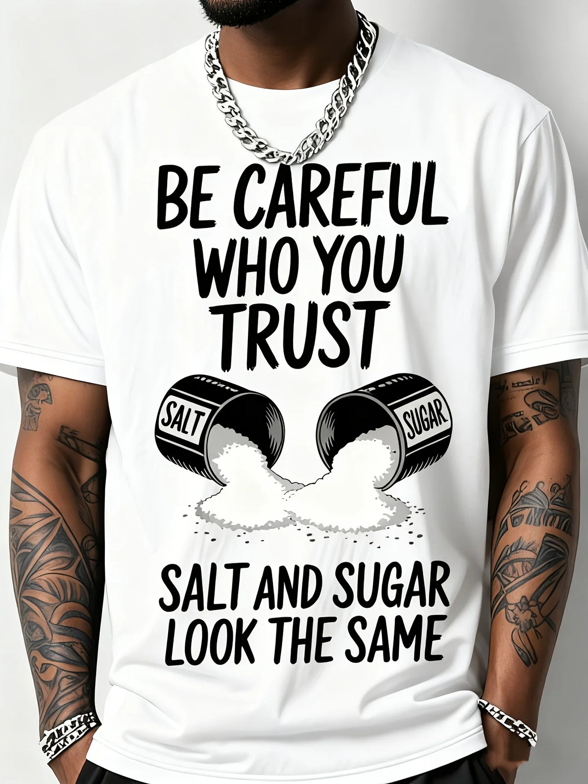 Men'S Fun Fitness T-Shirt with Salt and Sugar Trust Pattern | Black Crew Neck Short Sleeve, Breathable, Slight Stretch, Geometric Pattern, Humorous Salt Theme Design, Ideal for Summer