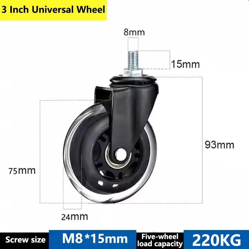 5PCS 3" Universal/Brake Mute PU Caster Wheels M8/M10/M12 for Furniture, Scooter, Cart - Electrophoresis Ice Wheel