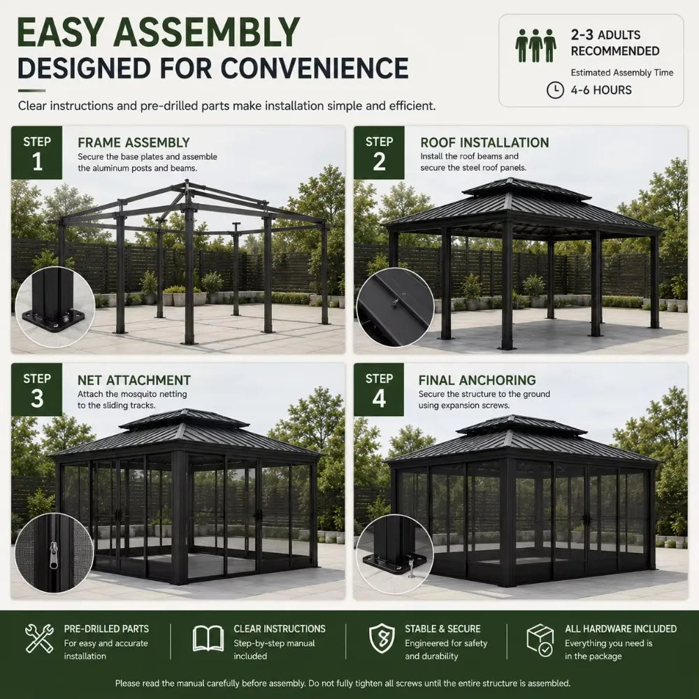12x16 FT Heavy Duty Aluminum Patio Gazebo, Waterproof Windproof Canopy With Ventilated Sliding Doors Drainage System
