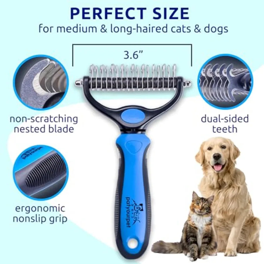 Deshedding dog brush for indoor cats and dogs double-sided, skin-friendly tool in gray, stainless steel and silicone, gentle on