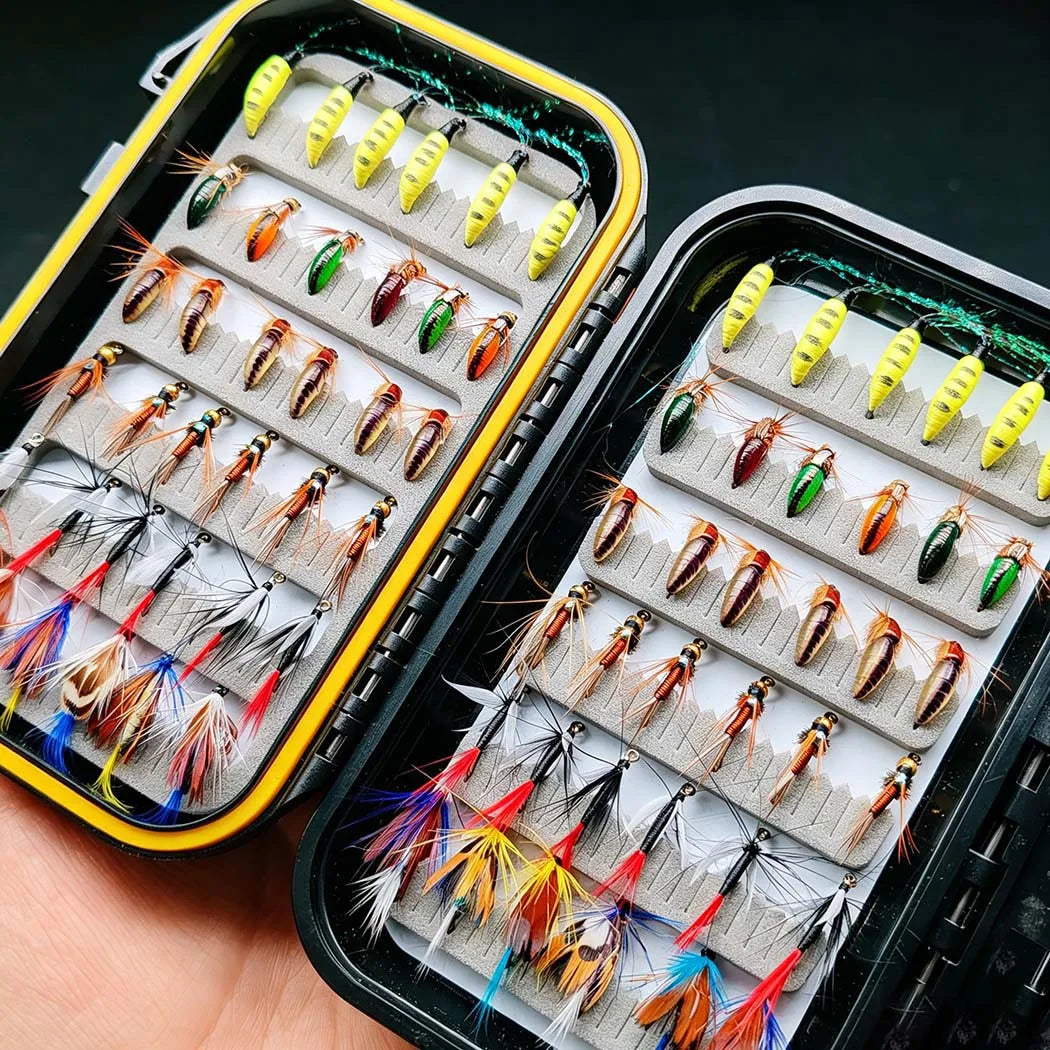 Fly Fishing Flies Kit-2 Boxes Bundle(Total 82Pcs Flies)Fly Assortment Trout Bass Fishing with Fly Box with Dry/Wet Flies, Nymphs