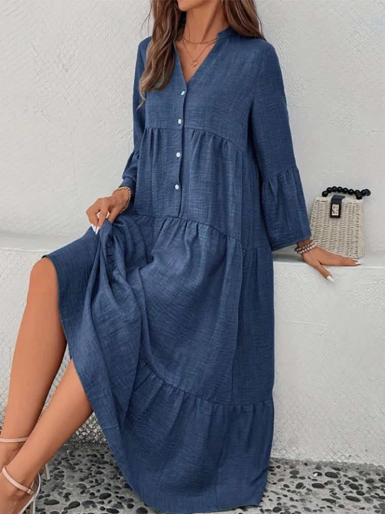 Simple V-neck Long Dress Button Solid Color Loose Long Dress Lady Trendy Elegant Long Skirt Trend Clothes For Lady High Street