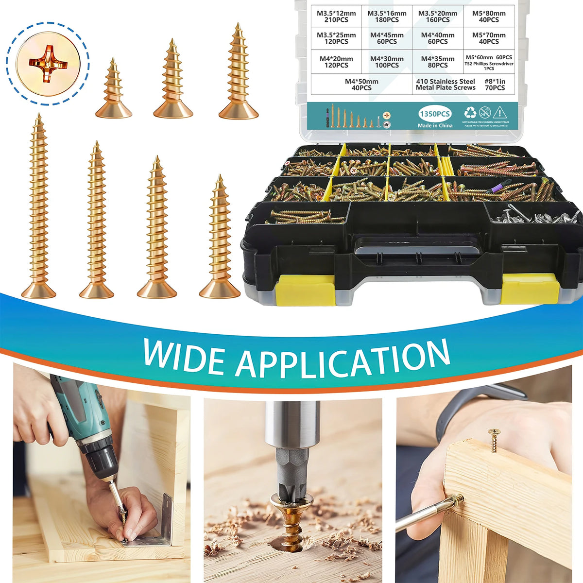 1350pcs Carbon Steel Phillips Wood Screws Assortment Kit, Flat-Head And Phillips Designs, Common Sizes M3.5/M4/M5/#8, Heavy Duty Self-Tapping Fasteners with Anti-Slip Matching Wrench, Sturdy Double Layer Storage Box, Hardware
