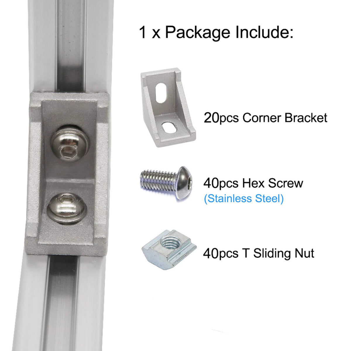100PCS 2020 Aluminum Profile Connector Set: 20pcs Corner Bracket + 40pcs 20 Series M5 T-slot Nuts + 40pcs M5x8mm Hex Socket Cap