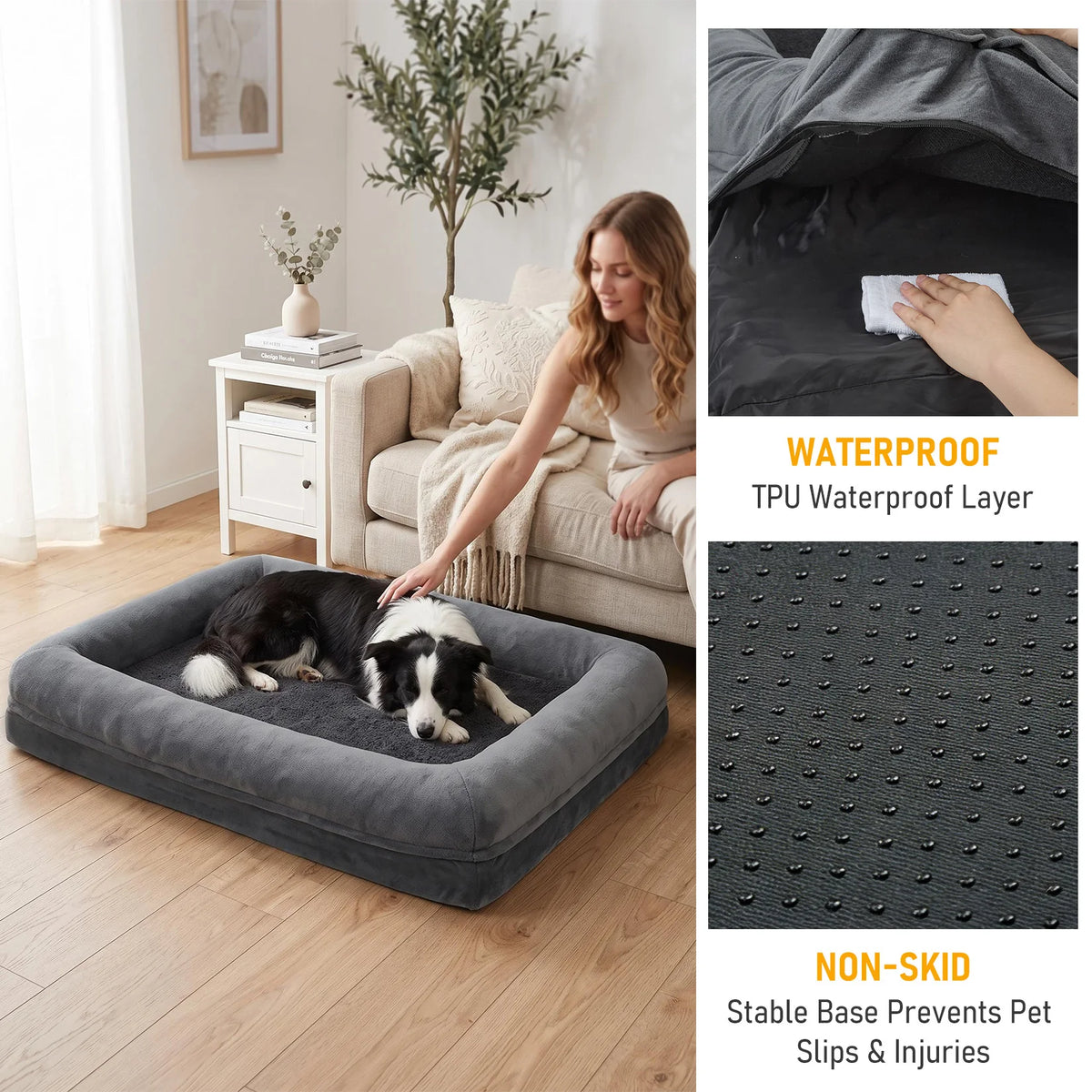 Orthopedic Bolster Dog Bed for Large Dogs, Washable Soft Rectangle Pet Bed with Raised Sides, Non-Slip Bottom Dog Sleeping Bed