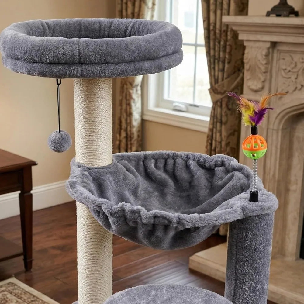 Multi Level Cat Tree Tower with Large Hammock Self Grooming Brush Scratch Ladder and Posts for Indoor Climbing Activity