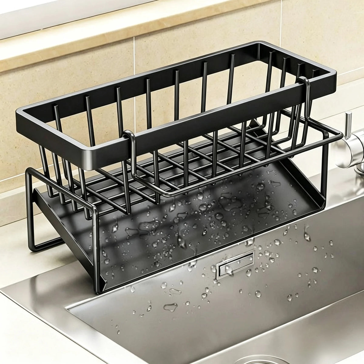 Black Thickened Metal Kitchen Sink Organizer with Drain Tray Rustproof Sponge Brush Soap Caddy Space Saving for Kitchen Bathroom