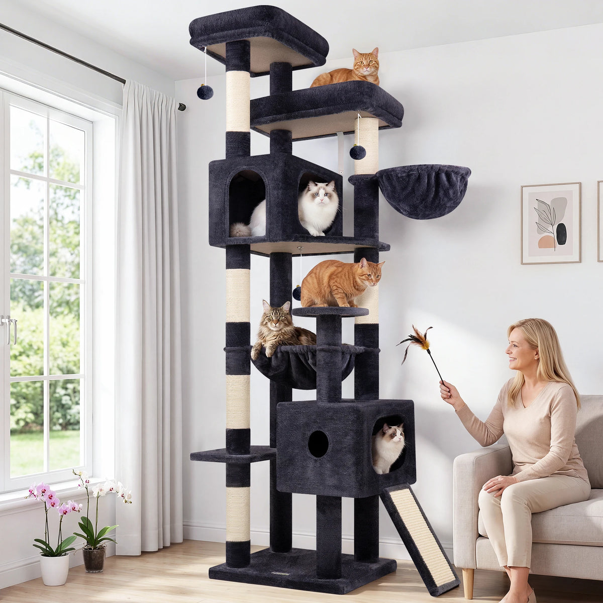 Globlazer 80" Large Cat Tree Tower for Indoor Cats, Multi-Level Cat Climbing Activity Center with 2 Condos, 2 Hammocks, 3 Perches, Sisal Scratching Posts for 2-3 Medium Large Cats