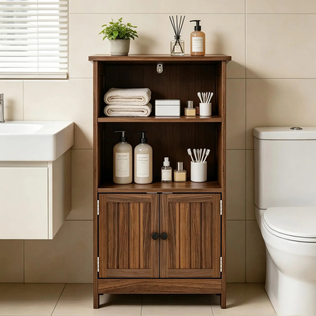 Freestanding Narrow Storage Cabinet with Doors, Adjustable Shelves Slim Floor Organizer for Bathroom or Entryway, Toilet Paper Storage