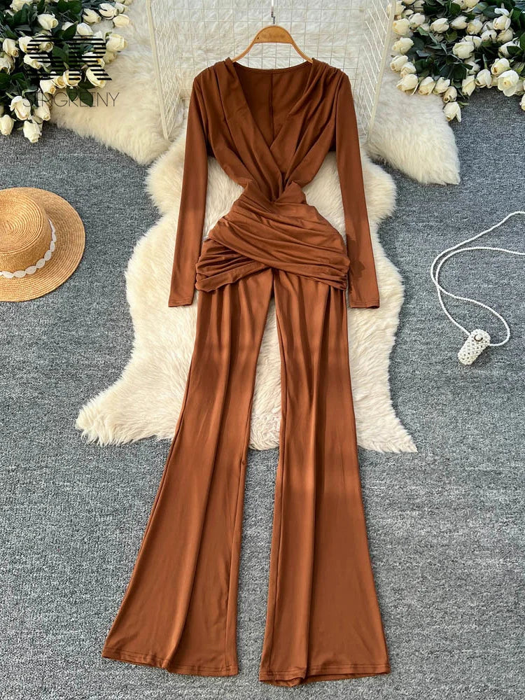 SINGREINY Minimalist Office Lady Jumpsuits Women Deep V Neck Slim Pleated High Waist American Fashion Glamorous Wide Leg Rompers