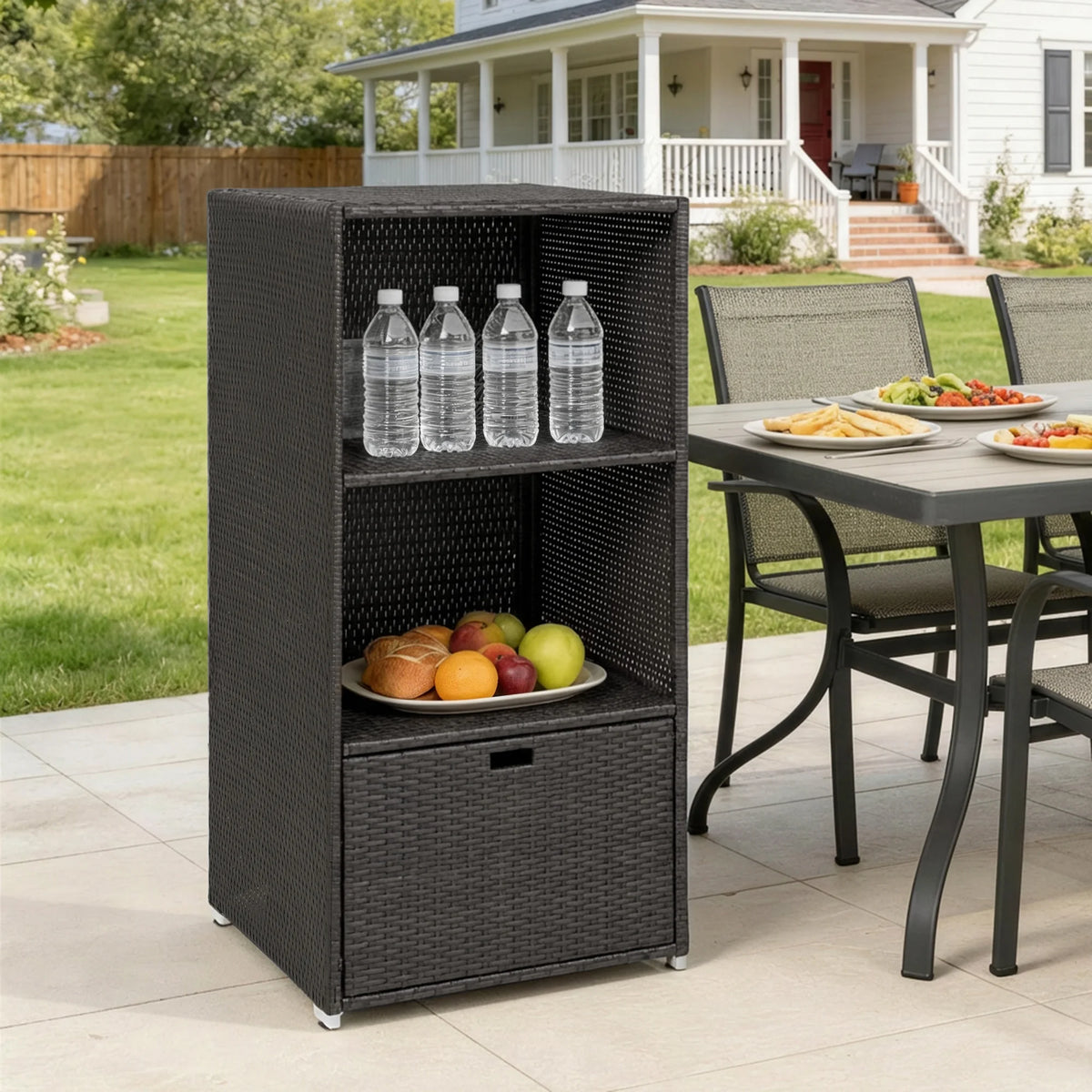 Outsunny PE Rattan Pool Towel Rack Basket with 2 Storage Shelves for Outdoor Garden Beach House