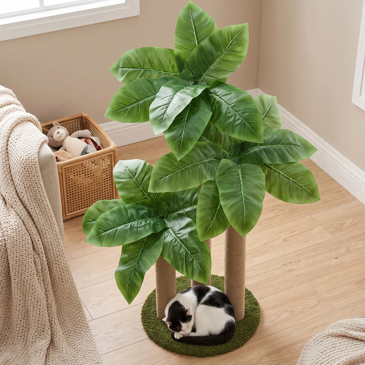31.5 Exotic Cat Tree Scratching Post With 3 Sisal Poles Canna Leaf Design Weighted Base And Dangling Toy Decorative Indoor Cat Furniture For Kittens And Adult Cats
