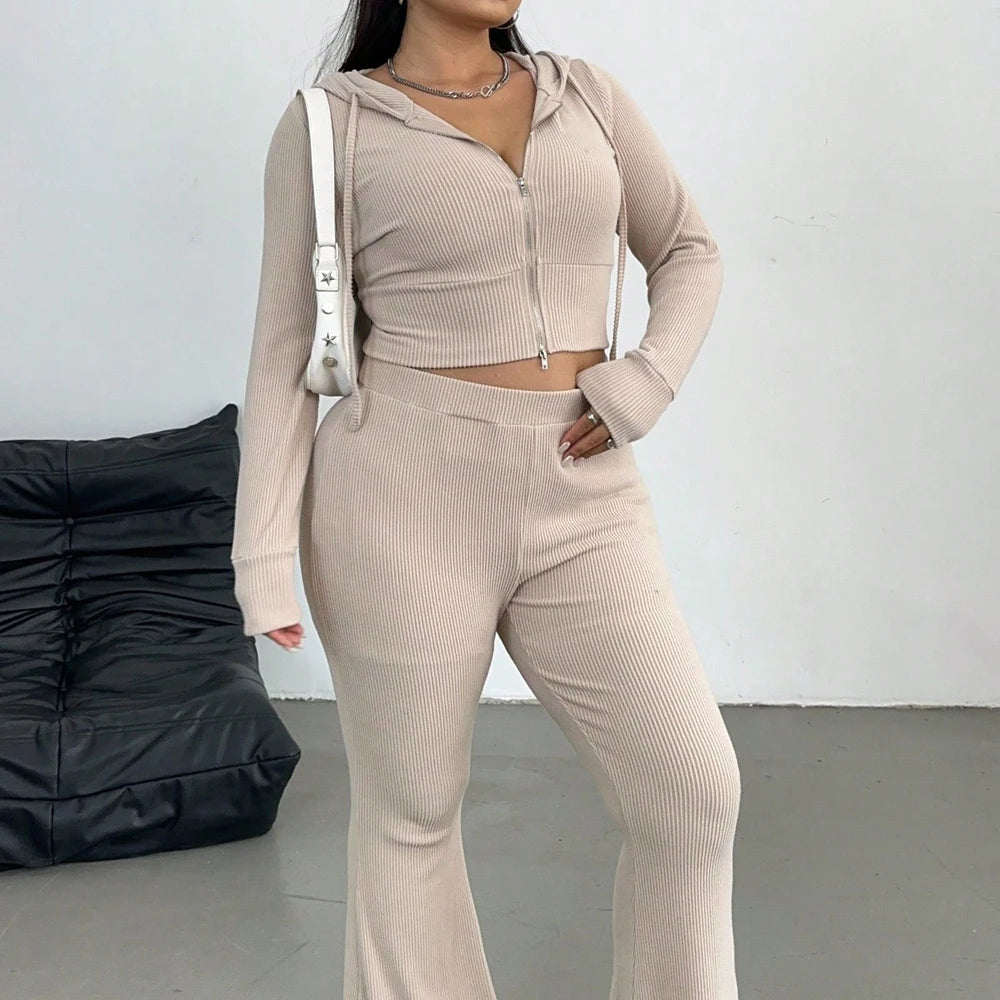 Plus Size Spring Simple Long Sleeve Hooded Top Slim Slim Micro Pants Casual Two Piece Set Casual Commuter