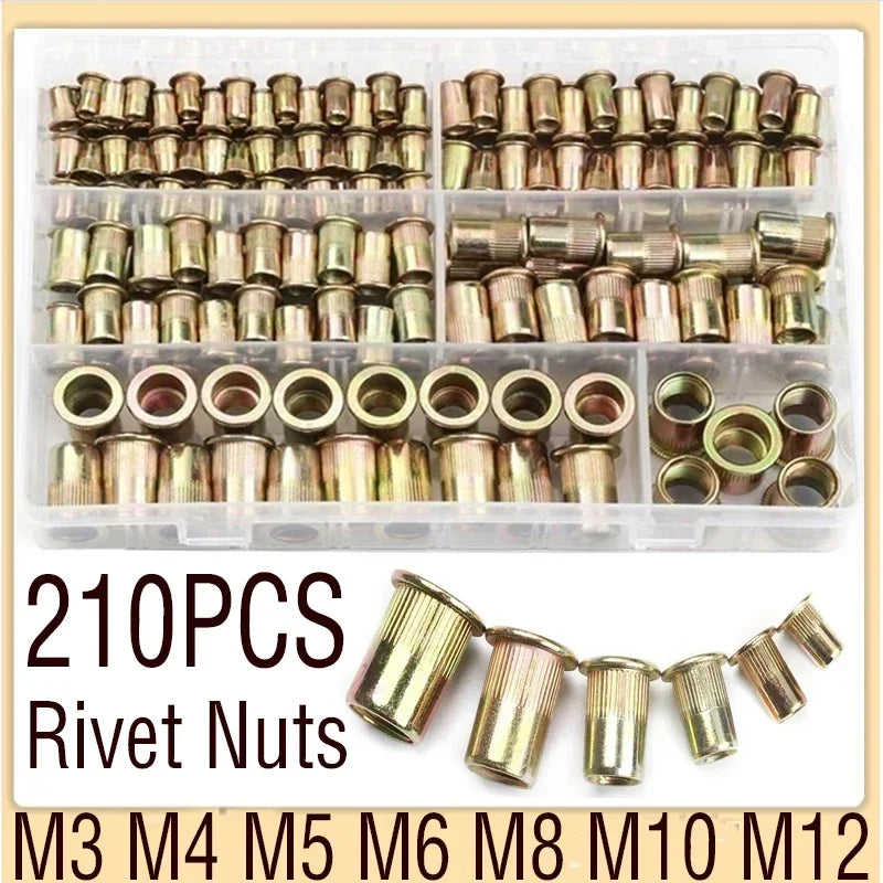 100/165/210PCS Rivet Nut Set Flat Head Threaded Rivet Insert Cap Nut Cover Blind Rivet Nut Rivnut Kit M3 M4 M5 M6 M8 M10 M12