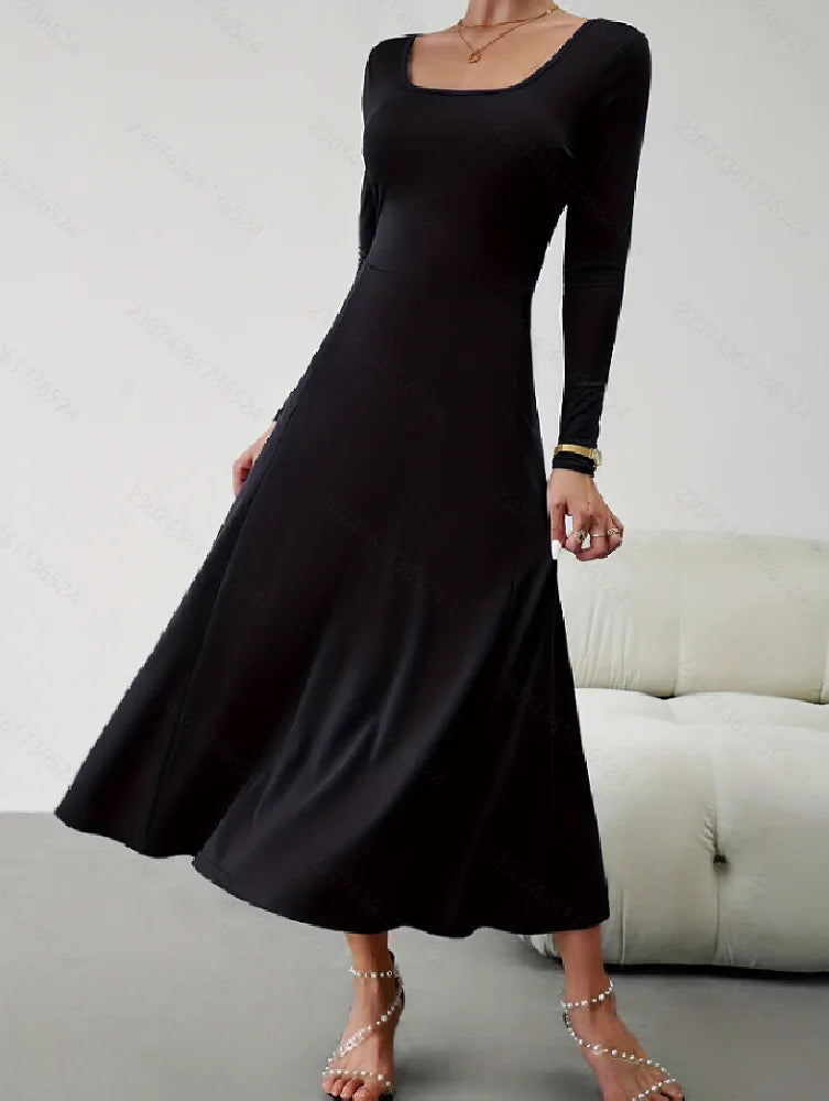 Fashionable Elegant Pure Color Square Neck Slim Long Sleeve Women's Dress Autumn Winter New Style Classy Simple Design