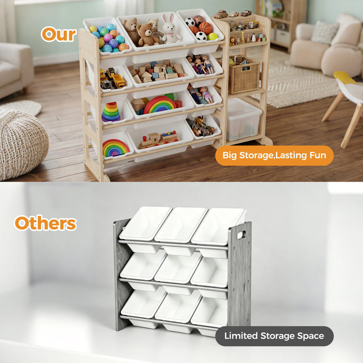 Solid Wood Kids Toy Memory Organizer Cabinet – 12 Bins & 3 Open Shelves – Wide Bookshelf Unit for Playroom, Nursery, Bedroom – 42" Wide
