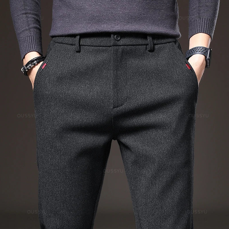 Autumn Winter Men's Casual Pants Solid Color Business Elastic Waist Slim Fit Stretch Thick Gray Black Blue Cotton Trousers Male