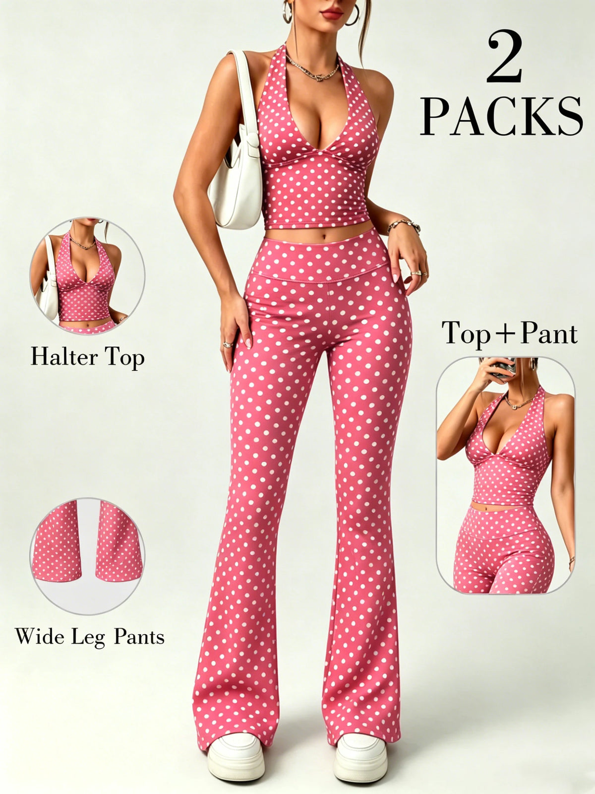 2Packs Women Y2K Polka Dot Matching Set Halter V Neck Crop Top High Waist Flare Pants Lounge Party Outfit