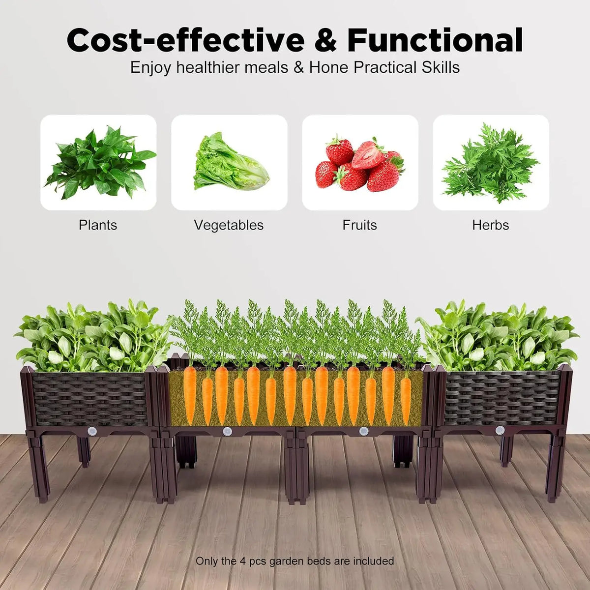Elevated Raised Garden Bed, Splicable Plastic Planter Box with Drainage Holes, Outdoor Raised Growing Container for Flowers, Vegetables and Herbs, Great for Balcony, Patio and Backyard Garden
