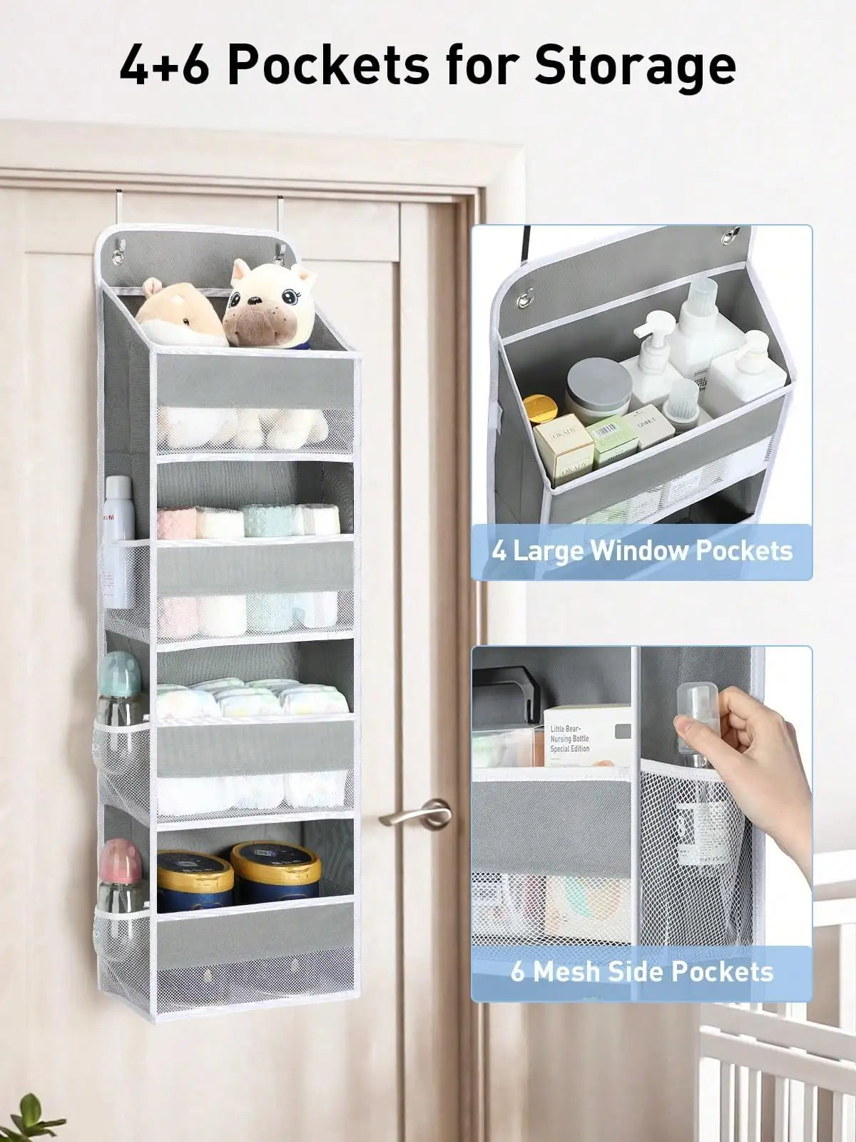 Over The Door Organizer, 35.2lbs Load Stuffed Animal Storage Hanging, Swing-Proof Bathroom Organizers And Storage With 4 Bins 6 Side Pockets For
