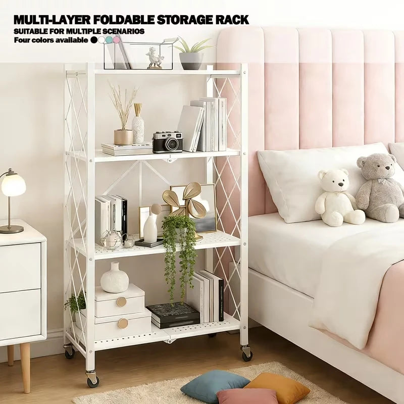 Foldable Storage Shelf with Wheels, No Assembly Metal Rolling Storage Rack, Collapsible Utility Organizer Shelving Unit for Kitchen Bedroom Living Room