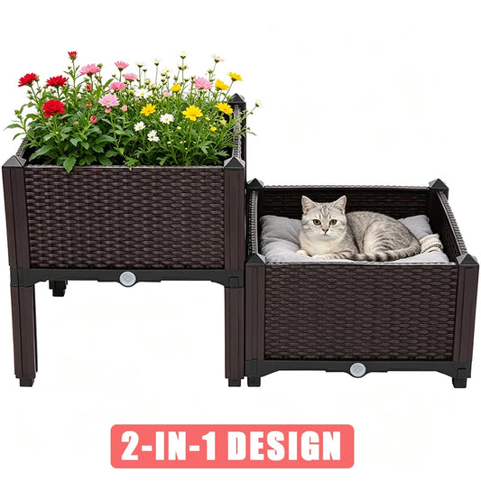 Elevated Raised Garden Bed, Splicable Plastic Planter Box with Drainage Holes, Outdoor Raised Growing Container for Flowers, Vegetables and Herbs, Great for Balcony, Patio and Backyard Garden