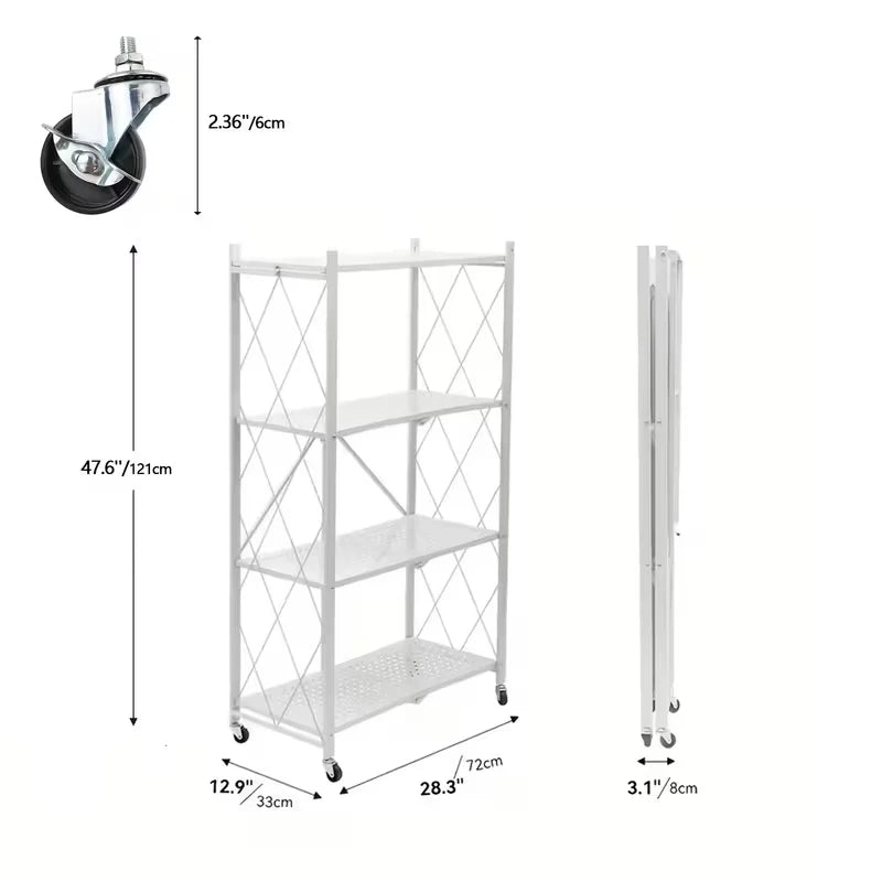 Foldable Storage Shelf with Wheels, No Assembly Metal Rolling Storage Rack, Collapsible Utility Organizer Shelving Unit for Kitchen Bedroom Living Room