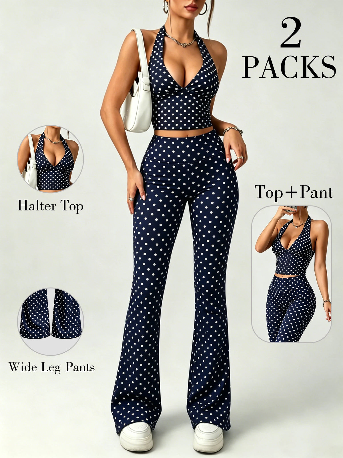 2Packs Women Y2K Polka Dot Matching Set Halter V Neck Crop Top High Waist Flare Pants Lounge Party Outfit
