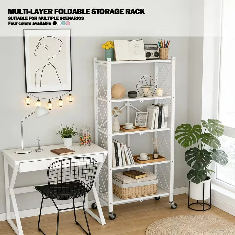 Foldable Storage Shelf with Wheels, No Assembly Metal Rolling Storage Rack, Collapsible Utility Organizer Shelving Unit for Kitchen Bedroom Living Room