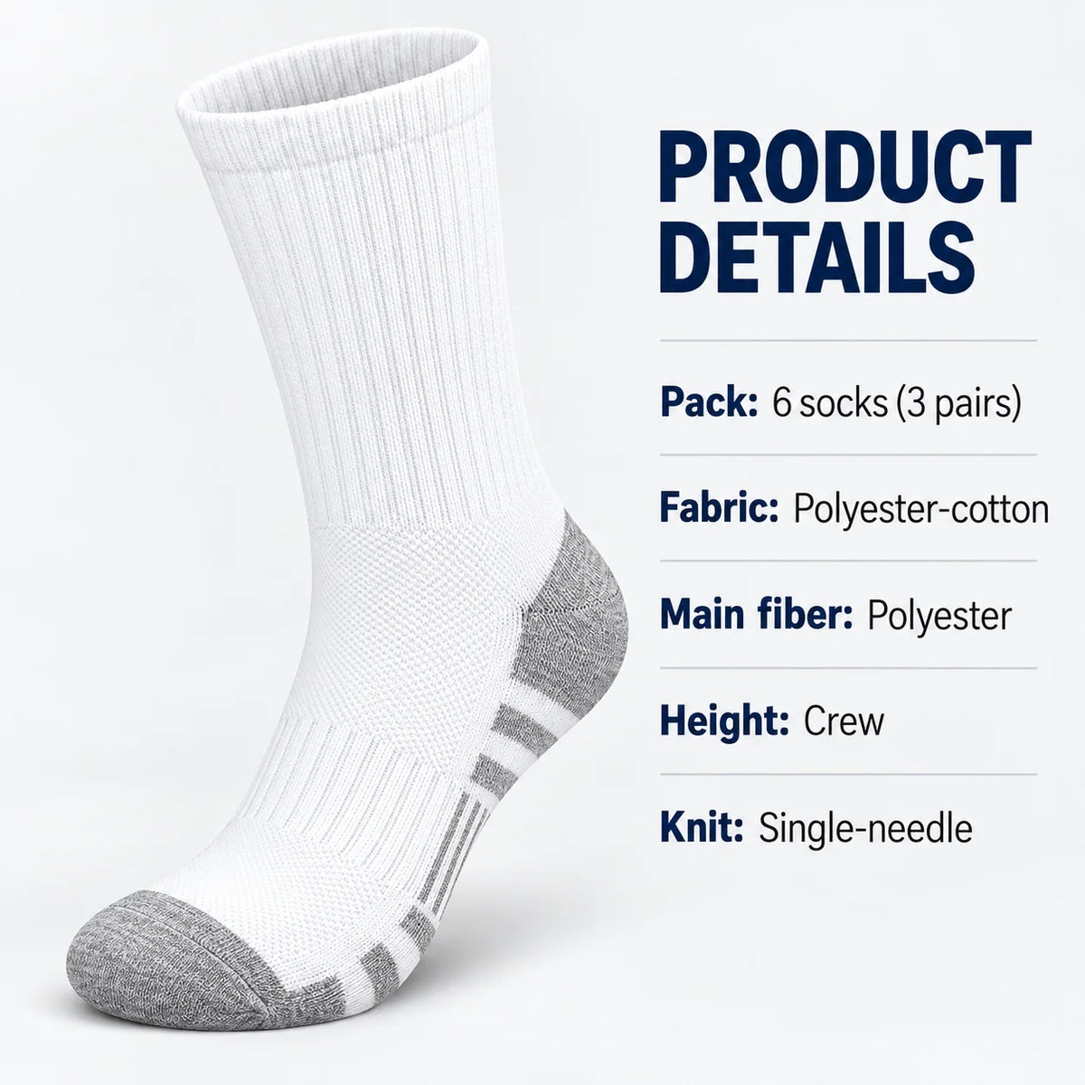 3 Pairs White Crew Socks Polyester-Cotton Single-Needle Knit with Gray Heel and Toe for Men Women Casual Wear Best Choice 2026