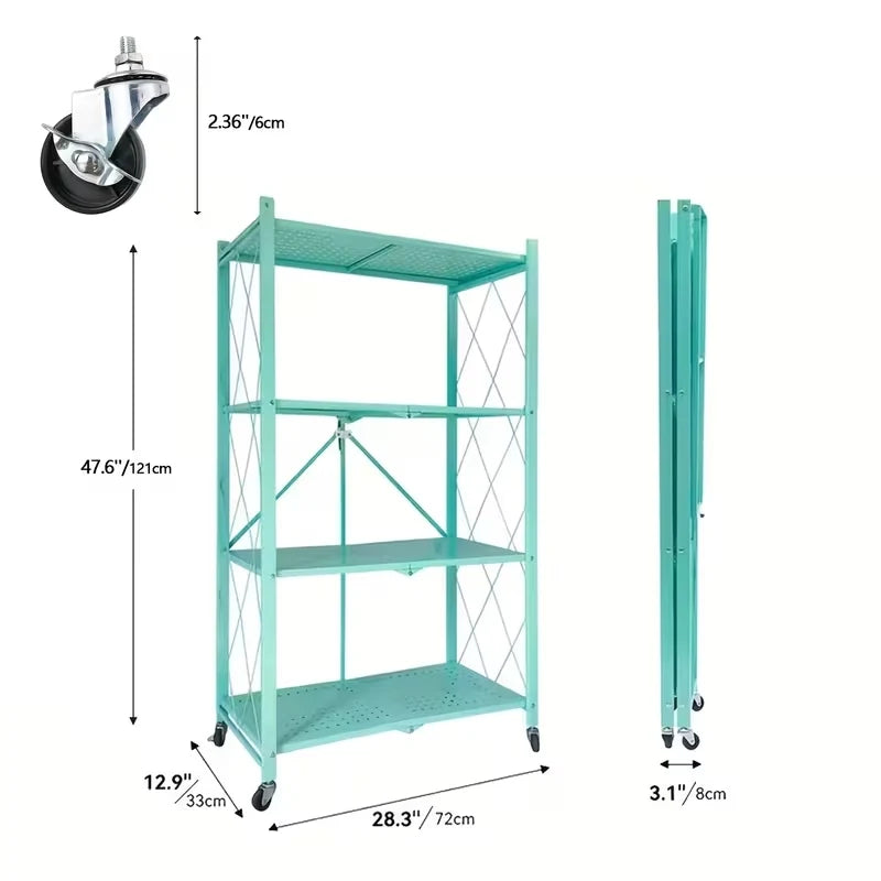Foldable Storage Shelf with Wheels, No Assembly Metal Rolling Storage Rack, Collapsible Utility Organizer Shelving Unit for Kitchen Bedroom Living Room
