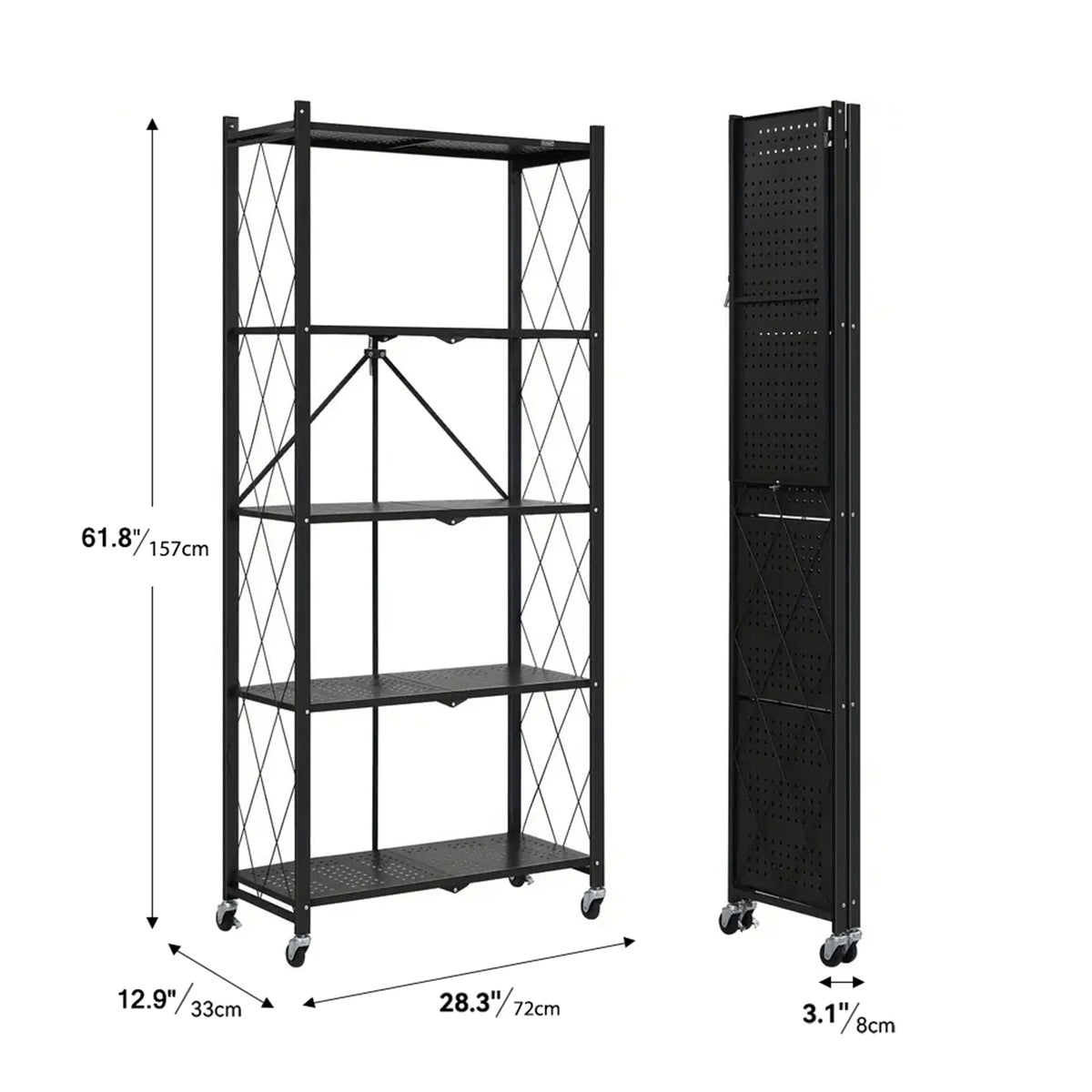 Foldable Storage Shelf with Wheels, No Assembly Metal Rolling Storage Rack, Collapsible Utility Organizer Shelving Unit for Kitchen Bedroom Living Room