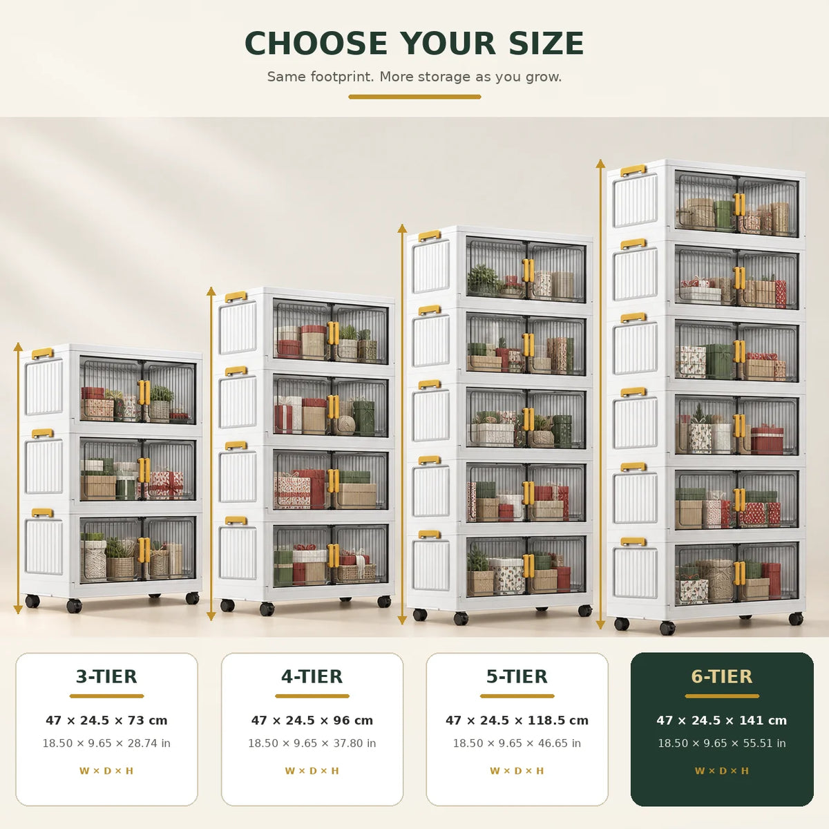 Rolling Storage Cabinet with Smoky Translucent Double Doors, 3–6 Tier Foldable Organizer with Wheels for Gift Wrap, Crafts, Home Office, Bedroom and Living Room