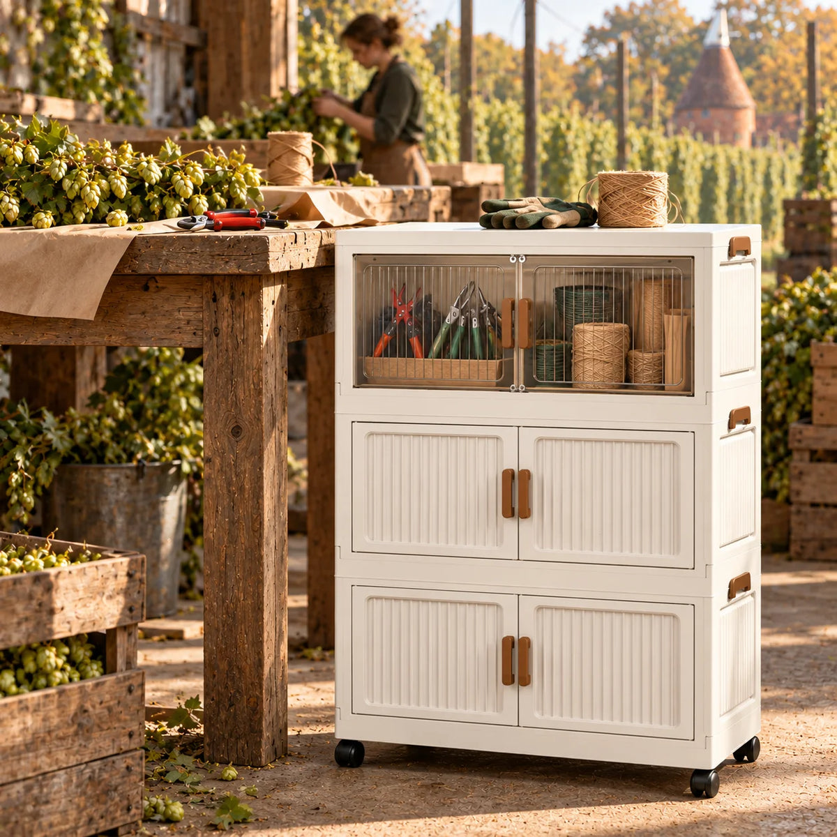 White Foldable Rolling Storage Cabinet with Double Doors, 3/4/5-Tier Organizer for Gardening Tools, Craft Supplies, Utility Room & Workshop