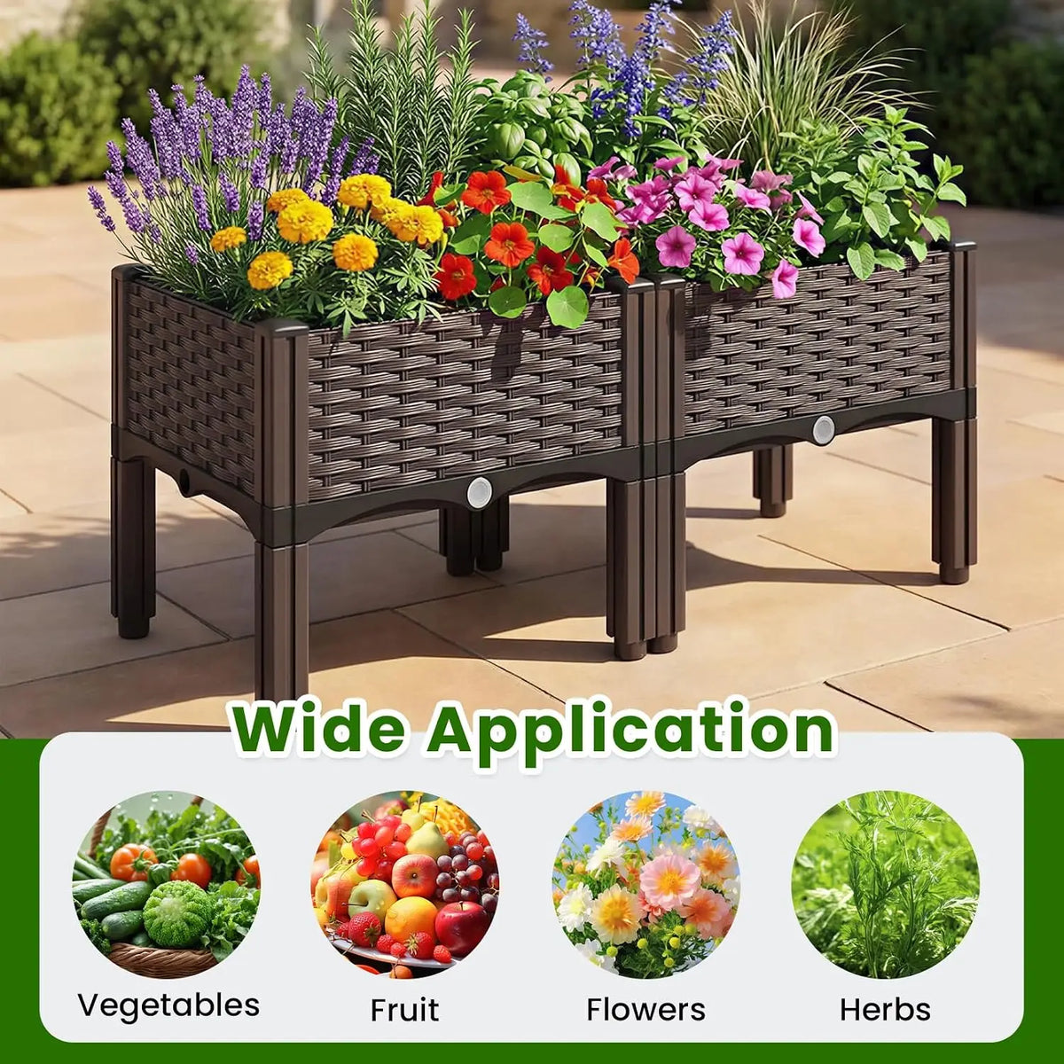 Elevated Raised Garden Bed, Splicable Plastic Planter Box with Drainage Holes, Outdoor Raised Growing Container for Flowers, Vegetables and Herbs, Great for Balcony, Patio and Backyard Garden