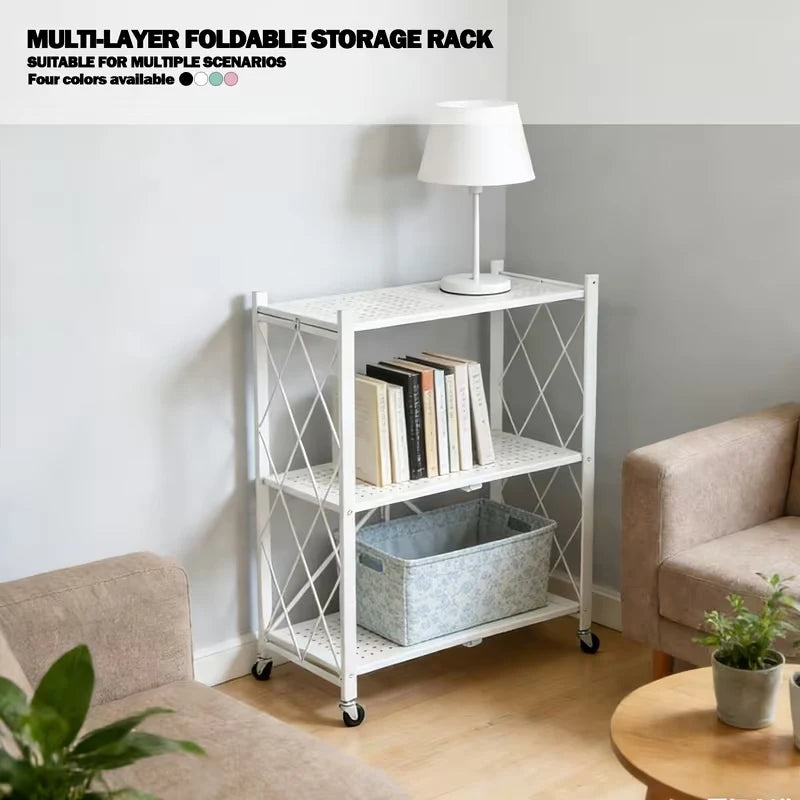 Foldable Storage Shelf with Wheels, No Assembly Metal Rolling Storage Rack, Collapsible Utility Organizer Shelving Unit for Kitchen Bedroom Living Room