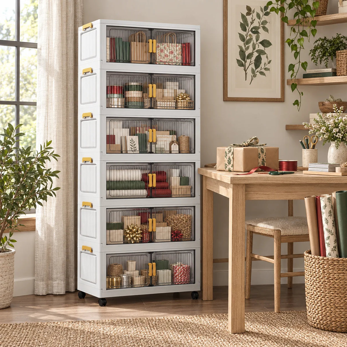Rolling Storage Cabinet with Smoky Translucent Double Doors, 3–6 Tier Foldable Organizer with Wheels for Gift Wrap, Crafts, Home Office, Bedroom and Living Room