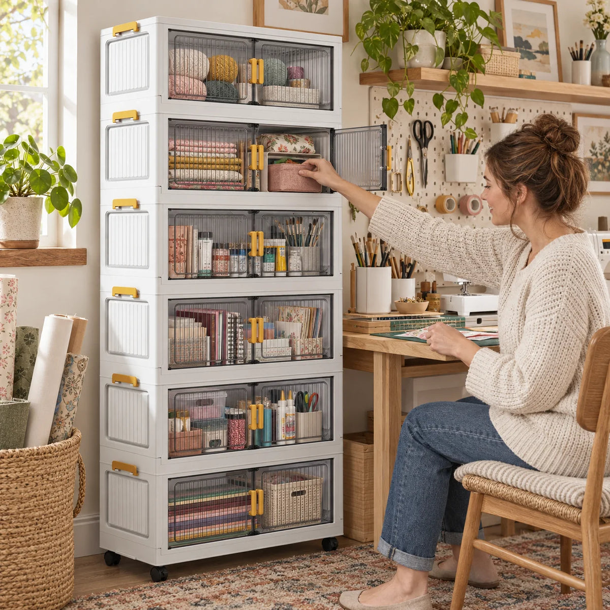 Rolling Storage Cabinet with Smoky Translucent Double Doors, 3–6 Tier Foldable Organizer with Wheels for Gift Wrap, Crafts, Home Office, Bedroom and Living Room