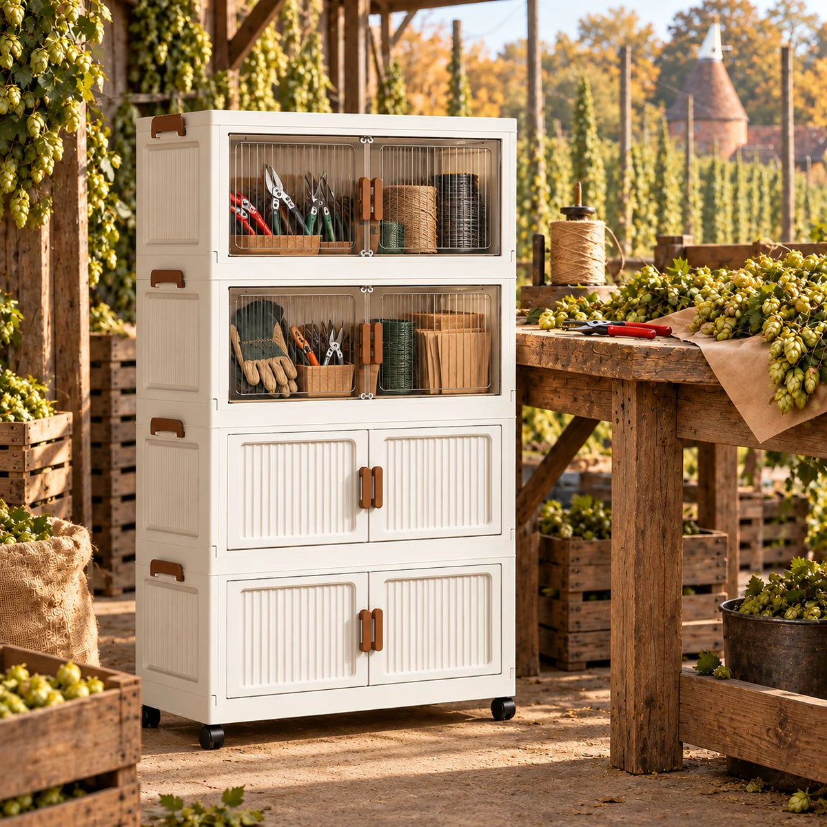 White Foldable Rolling Storage Cabinet with Double Doors, 3/4/5-Tier Organizer for Gardening Tools, Craft Supplies, Utility Room & Workshop