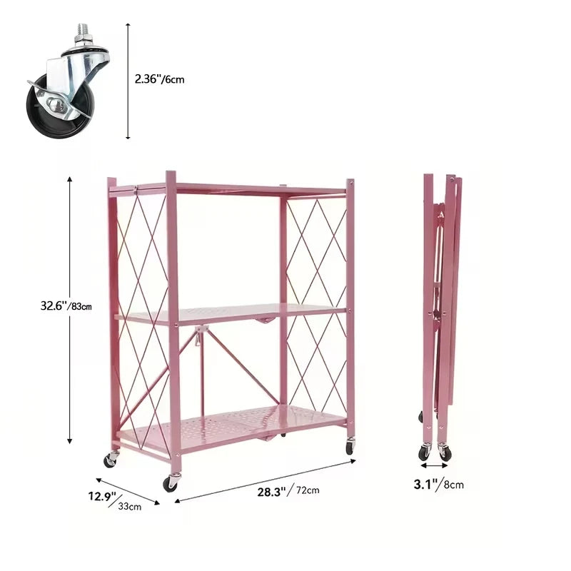 Foldable Storage Shelf with Wheels, No Assembly Metal Rolling Storage Rack, Collapsible Utility Organizer Shelving Unit for Kitchen Bedroom Living Room