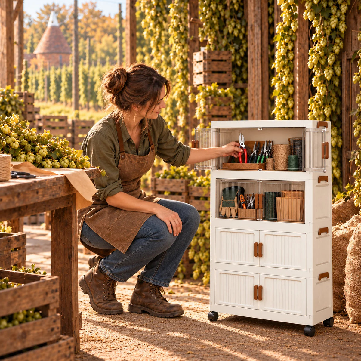 White Foldable Rolling Storage Cabinet with Double Doors, 3/4/5-Tier Organizer for Gardening Tools, Craft Supplies, Utility Room & Workshop