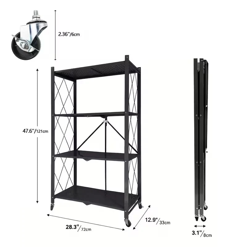 Foldable Storage Shelf with Wheels, No Assembly Metal Rolling Storage Rack, Collapsible Utility Organizer Shelving Unit for Kitchen Bedroom Living Room