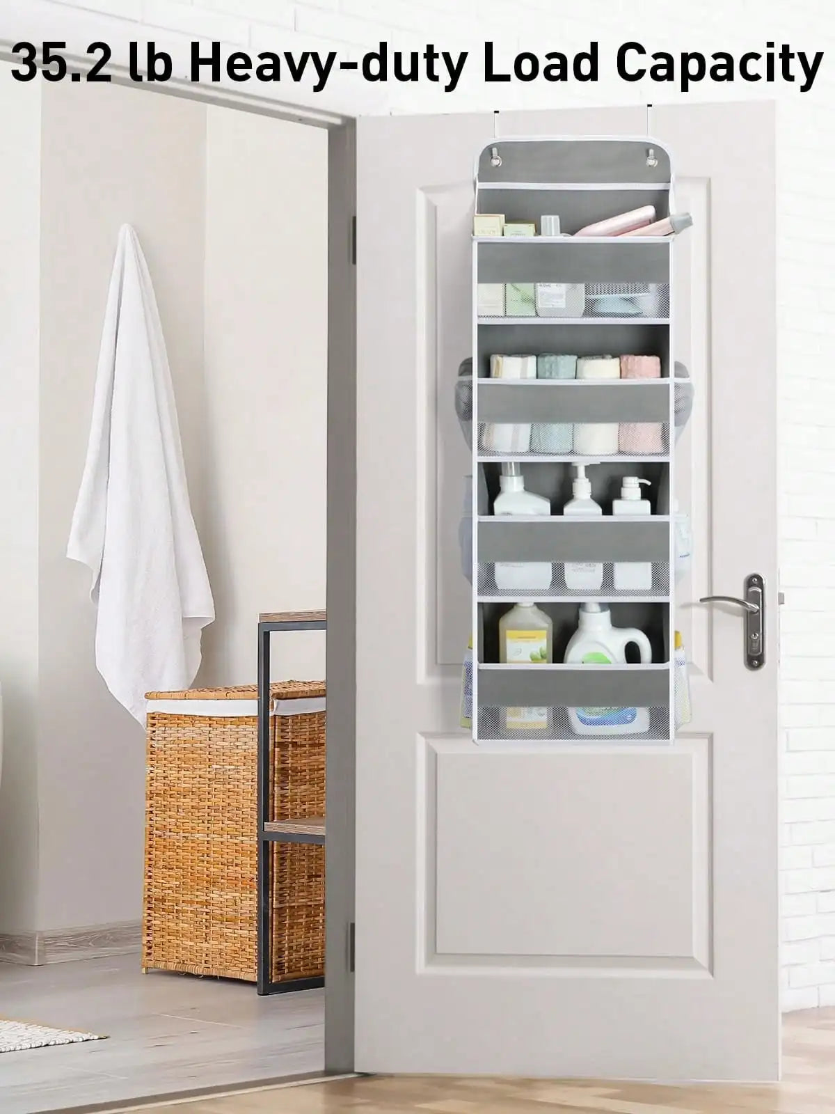 Over The Door Organizer, 35.2lbs Load Stuffed Animal Storage Hanging, Swing-Proof Bathroom Organizers And Storage With 4 Bins 6 Side Pockets For