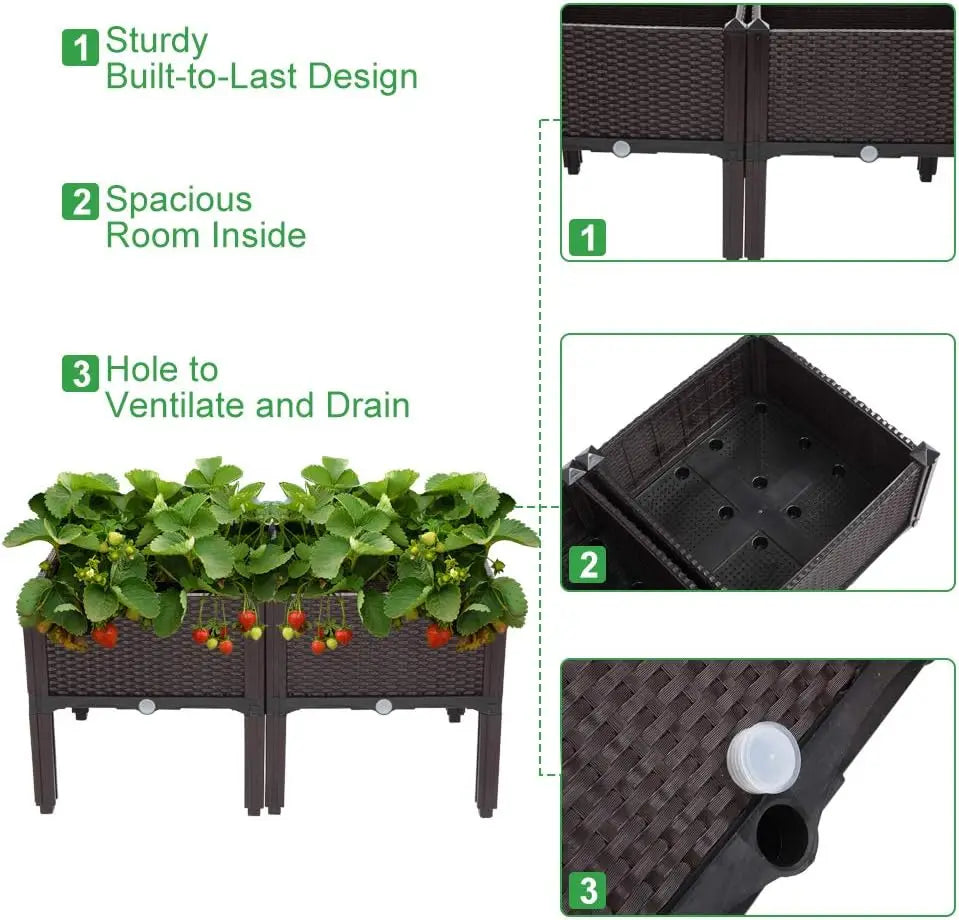 Elevated Raised Garden Bed, Splicable Plastic Planter Box with Drainage Holes, Outdoor Raised Growing Container for Flowers, Vegetables and Herbs, Great for Balcony, Patio and Backyard Garden