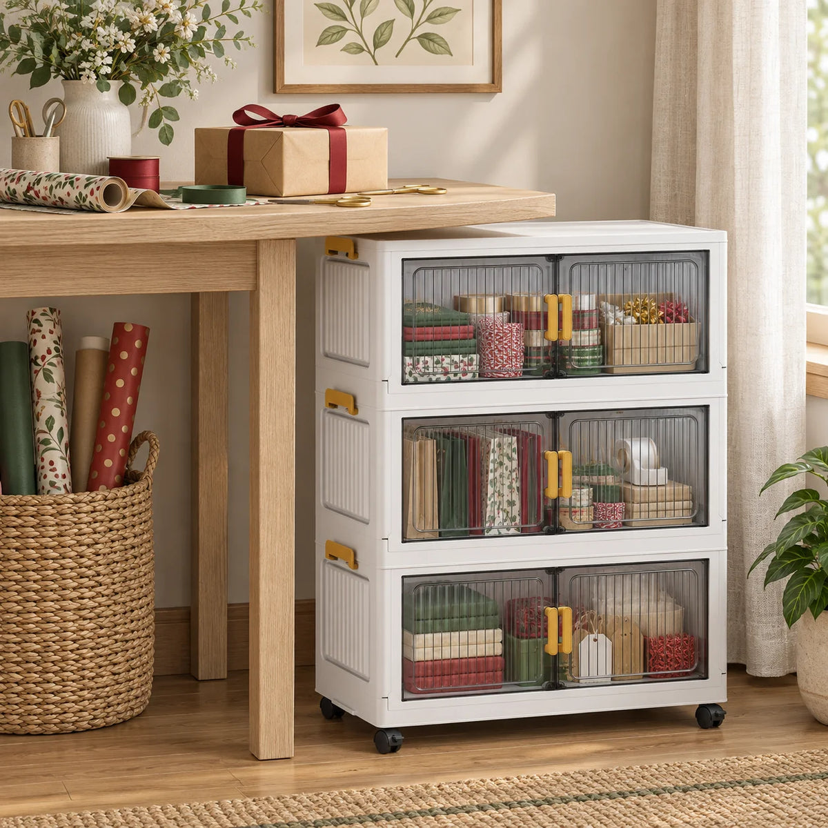 Rolling Storage Cabinet with Smoky Translucent Double Doors, 3–6 Tier Foldable Organizer with Wheels for Gift Wrap, Crafts, Home Office, Bedroom and Living Room