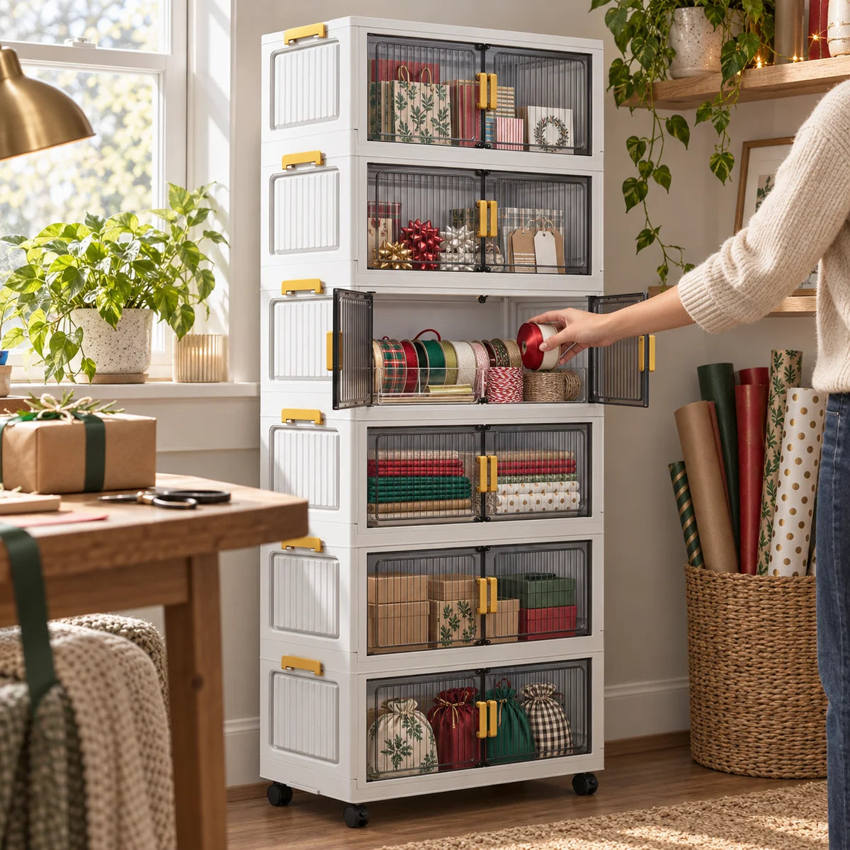 Rolling Storage Cabinet with Smoky Translucent Double Doors, 3–6 Tier Foldable Organizer with Wheels for Gift Wrap, Crafts, Home Office, Bedroom and Living Room