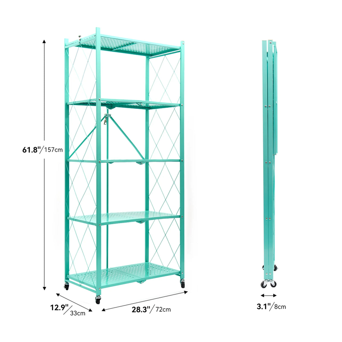 Foldable Storage Shelf with Wheels, No Assembly Metal Rolling Storage Rack, Collapsible Utility Organizer Shelving Unit for Kitchen Bedroom Living Room